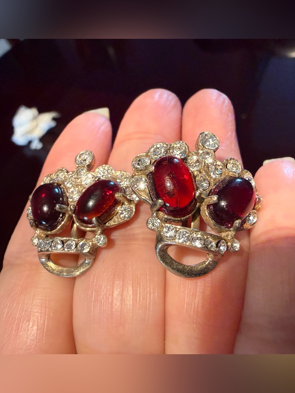 Vintage Sterling Crown Red Glass Cabochon & Crystal Earrings Crown Trifari Style